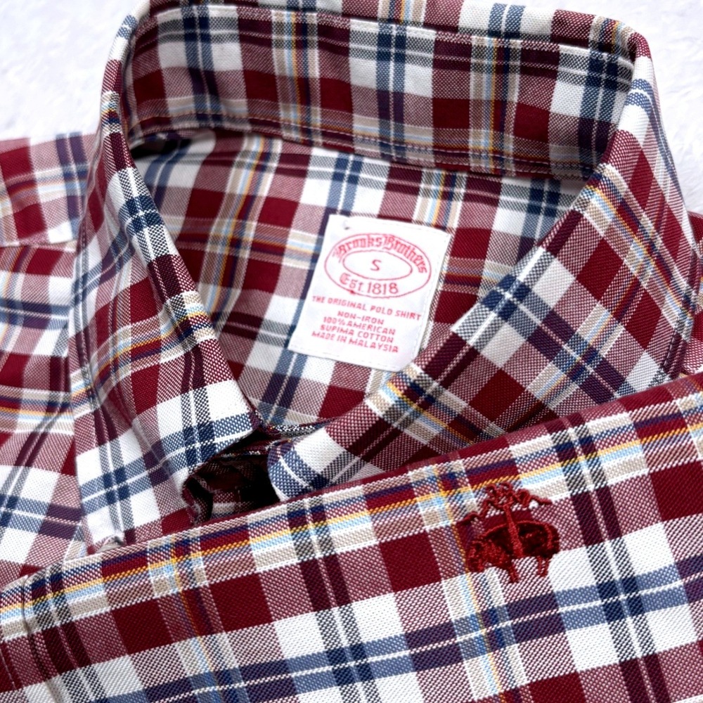 Brooks Brothers Button Shirt Men S Maroon Navy Blue Plaid NO IRON Golden Fleece